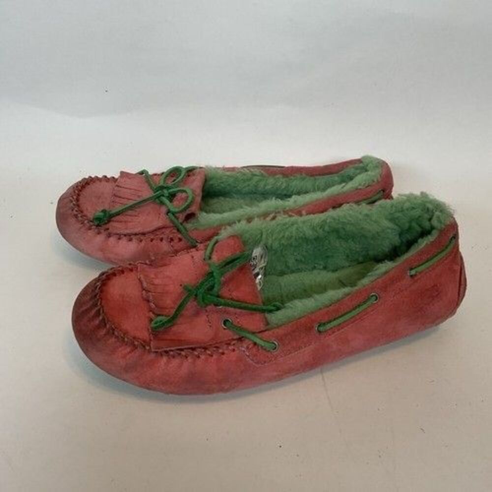 Ugg Ansley Green/Pink‎ Suede/Leather Wool Lined Moccasins Slippers Women Size 7